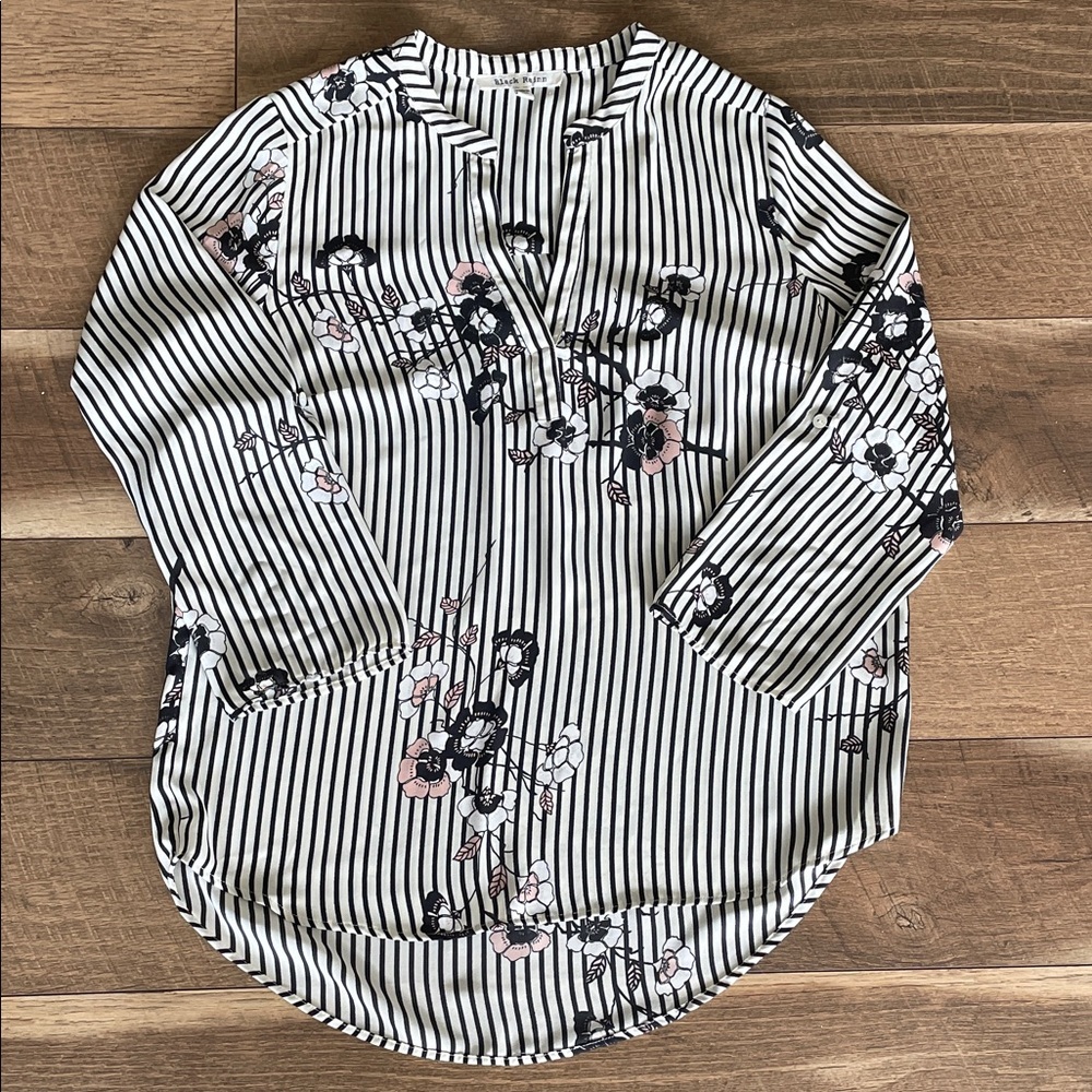 Black Rainn Black and White Striped Floral Blouse